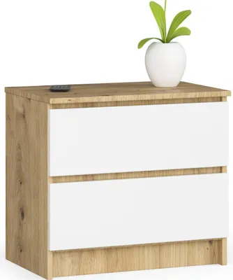 Produktbild von Nachttisch AKORD K60 in der Farbe Eiche Artisan mit 2 Schubladen Front Weiß B60 x H55 x T40 cm