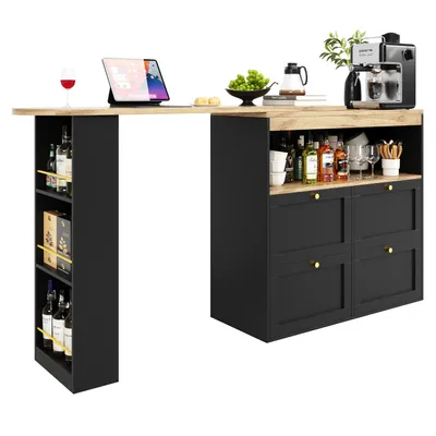 Image de Abrihome Table de salle à manger pivotante à 360° Table de bar avec 4 tiroirs et espace de rangement ouvert, extensible avec armoire, noire