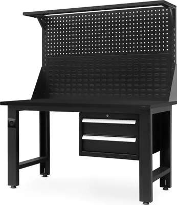 Obrázok produktu pre Pracovný stôl s perforovaným panelom Pracovná doska s 2 kovovými zásuvkami, 150 cm x 170 cm x 75 cm, farba: antracitovo červená