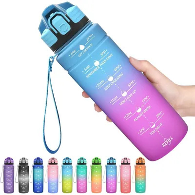 Immagine prodotto di Borraccia sportiva da 700 ml, blu-viola, a prova di perdite, con indicatore del tempo, priva di BPA, in Tritan