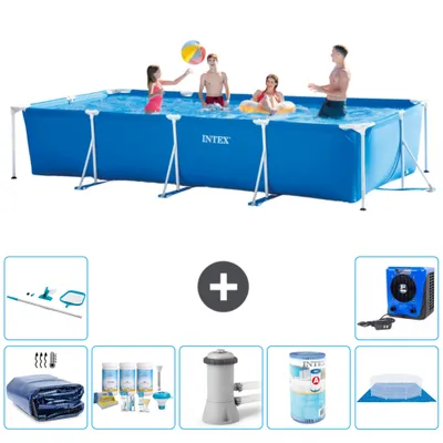Produktbild von Intex-Schwimmbecken mit rechteckigem Rahmen – 450 x 220 x 84 cm – Blau – im Lieferumfang enthalten Sonnensegel - Wartungspaket - Filterpumpe für Schwimmbad - Filter - Bodenplane - Reinigungskit