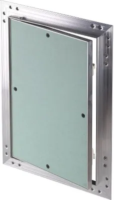 A close-up, angled view of an open access panel with a green gypsum board insert and a silver metal frame.