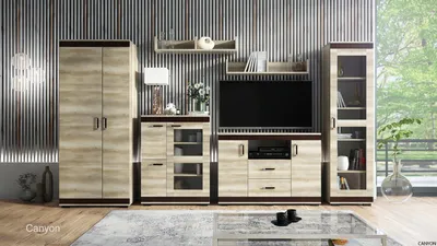 Produktbild von Wohnwand FENIX Anbauwand 6-teilig Schrankwand, Kleiderschrank, Fernsehschrank, Vitrine, zwei Wandregale, Kommode, Canyon Eiche
