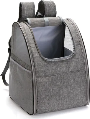 A gray pet carrier backpack is shown against a white background.