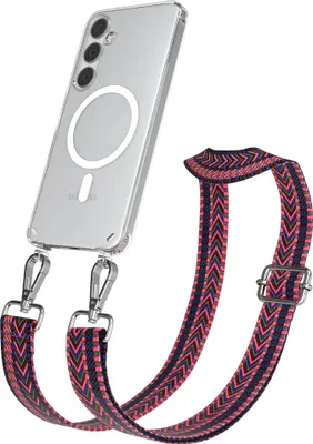 Produktbild von EAZY CASE - Handykette mit MagSafe Hülle für Samsung Galaxy S24 Plus, Handyband ZigZag Style,Karabiner Silber, Umhängeband in Pink