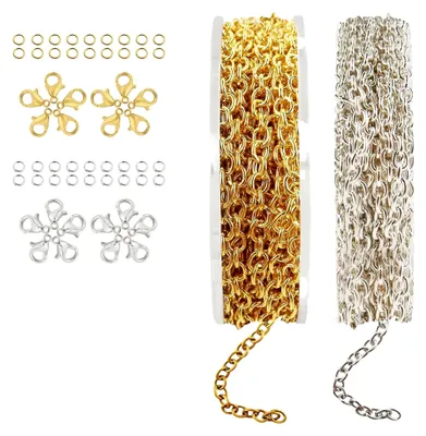 Produktbild von 2 Rollen 5M Gliederkette Meterware Kit, Edelstahl DIY Kette mit 40 Karabinerverschlüssen und 100 Biegeringen für Ohrringe, Armbänder, Schmuckherstellung 5M/Roll