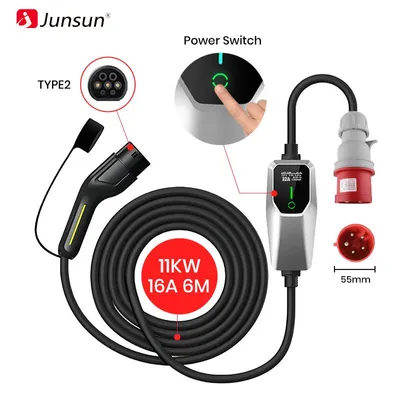 Immagine prodotto di JUNSUN Caricabatterie elettrico portatile per auto 11 kW 16A trifase tipo 2 - Cavo da 6 m con spina CEE16A a 5 poli, IEC62196-2 e IP67