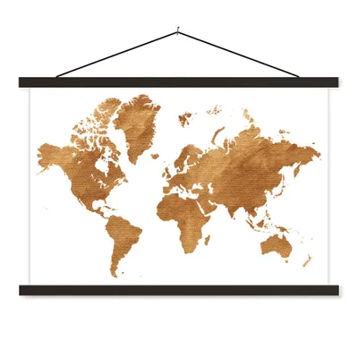 Produktbild von MuchoWow® Textilposter Weltkarte - Vintage - Gold 90x60 cm mit schwarzem Rahmen - Aufhängungssatz
