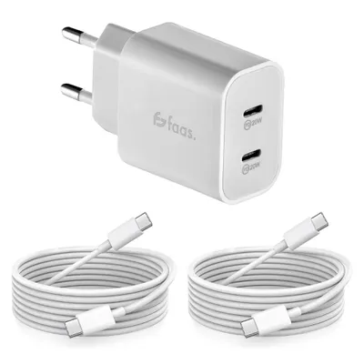 Produktbild von Faas 40W USB C Ladegerät Dual Port (2x 20W) – Schnellladegerät Netzteil inkl. 2x 1,5m USB-C Kabel