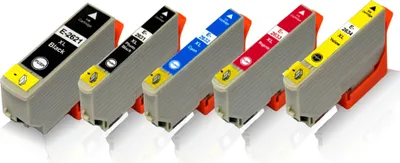 A set of five ink cartridges for an Epson printer, displayed in orange holders against a white background.