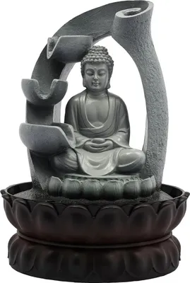 Produktbild von Buddha Zimmerbrunnen - Tischbrunnen Zen - LED-Beleuchtung - EU-Stecker 220–240 V - Harz - Größe 21×28 cm - Für Zuhause & Büro - Grau