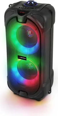 A black portable speaker with RGB LED lights.