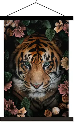 Produktbild von MuchoWow® Textilposter Tiger - Blumen - Blätter 40x60 cm mit schwarzem Rahmen - Wanddekorationen