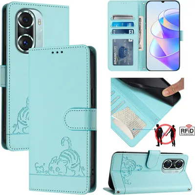Produktbild von Leder Hülle für Honor 60 Pro Süße Katze Flip Case Brieftasche Schutzhülle mit Standfunktion hellgrün