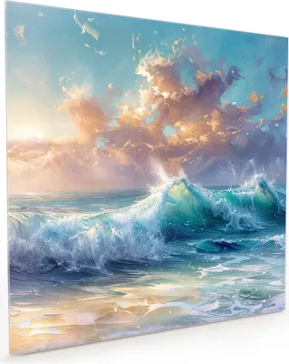Produktbild von Küchenrückwand Spritzschutz Glas mit Motiv Ozeanwellen Sonnenaufgang 40 x 40 cm