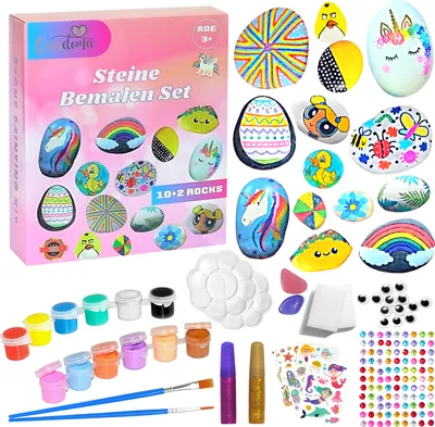 Produktbild von Steine zum Bemalen DIY Set mit 10+2 Steine | Bastelset Kinder ab 3 Geschenk Kindergeburtstag | Rock Paint Kit mit Aufkleber und Pinsel Kreativ Malen
