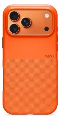 The back of an orange iPhone case with a camera cutout and textured lower half.