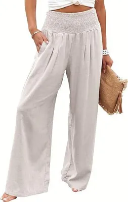 Produktbild von Damen Leinen Palazzo Hose Sommer Boho Weites Bein Hoher Bund Freizeit Hose mit Taschen