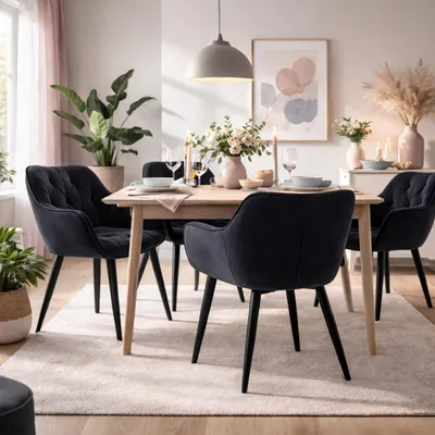 Produktbild von HAGO24 2er Set Esszimmerstühle Schwarz Samtbezug Polsterstuhl Schwarzes Metallgestell 49cm Sitzhöhe Bodenschoner Elegantes Design Armlehnen 59x67x83cm