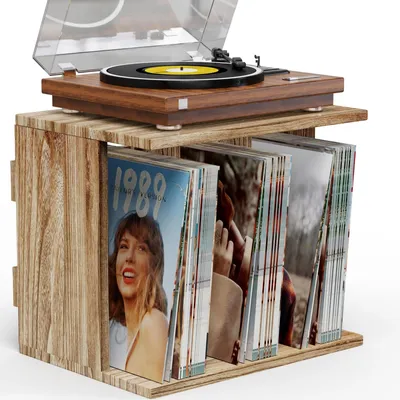 Image de Support vinyle mural - Rangement pour disques vinyles - 80 à 100 albums - 3 compartiments - Marron rustique