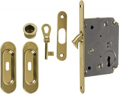 Produktbild von Schiebetürschloss + lange Griffe mit Knickschlüssel gold