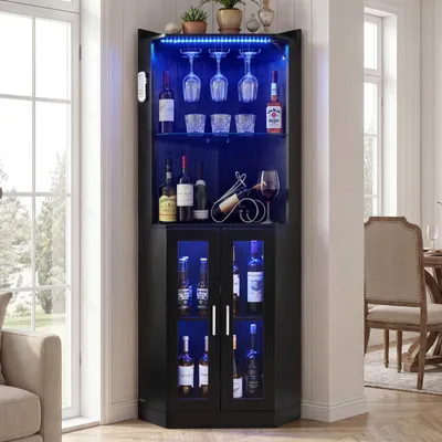 Produktbild von VEVOR Eckbarschrank mit LED-Beleuchtung (Dimmbar), Weinschrank mit Glashalter und Weinregal, Eckschrank mit Kippschutz, Eckbar für Wohnzimmer, Esszimmer und Küche, 50 x 50 x 170 cm Schwarz