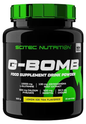 Zdjęcie produktu dla Scitec Nutrition G-Bomb 500 g herbata mrożona / Glutamina / L-glutamina wzbogacona pirogronianem wapnia, L-metylofolianem wapnia, Ashwagandhą, inozytolem, choliną i naringiną