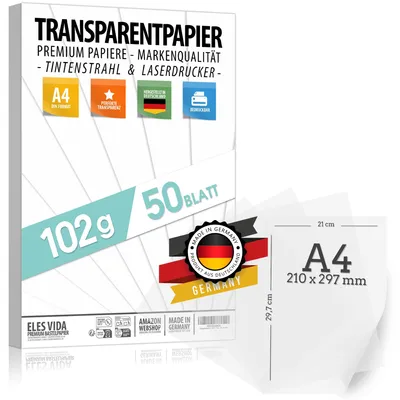 Immagine prodotto di 50 fogli di carta trasparente stampabile, formato DIN A4, , 102g/m², ideali per progetti fai-da-te