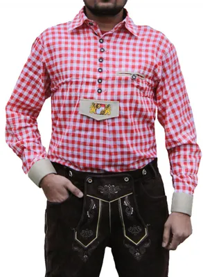 Produktbild von Trachtenhemd mit Bayerischem Wappen bestickt für Trachten Lederhosen rot/kariert, Größe:M
