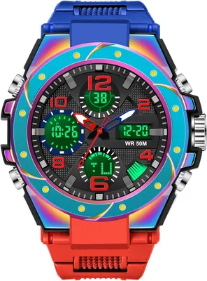 Produktbild von Herren Militär Sportuhr Analog Digital 5ATM Wasserdicht mit Dualzeit, Stoppuhr, Wecker, Kalender, LED Display Rot Schwarz