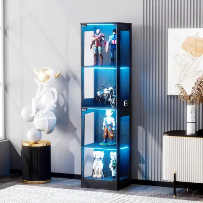 Produktbild von Vierstöckige Glasvitrine mit LED Beleuchtung und intelligenten Sensoren Staubdichte Vitrine mit Glastüren und Stauraum für Wohnzimmer Schwarz 40x35x165cm