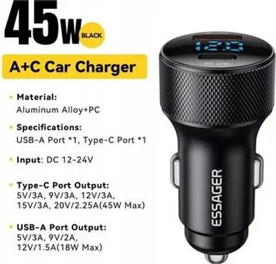 Obrázek produktu pro Essager Autonabíječka s digitálním displejem PD3.0 + QC3.0 45W