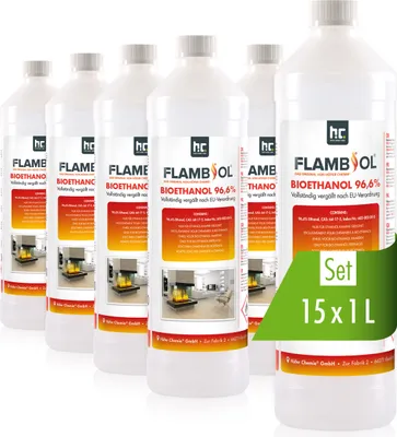 Produktbild von 15x 1 L FLAMBIOL® Bioethanol 96,6% Premium für Ethanol-Tischkamin in Flaschen
