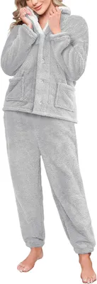 Immagine prodotto di Pigiama da donna in pile, due pezzi, con bottoni, colore grigio, taglia L