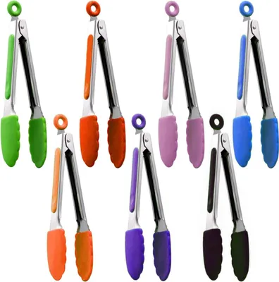 Produktbild von 7 Pcs Grillzange Silikon Hitzebeständig Zange Küche Set Küchenzange Edelstahl Hitzebeständige Lebensmittelzange Salat,Backen Servieren Buffet Ofen Brot Nudeln(7 Farben)