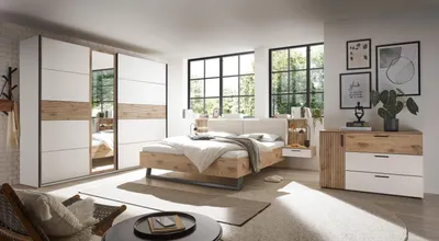 Produktbild von Schlafzimmer-Set >Daria< (3-teilig) Kleiderschrank, Doppelbett, Kommode, Viking Oak / weiss