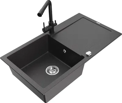 Produktbild von Mexen Leo 1 Becken-Granitspüle mit Abtropffläche und Mischbatterie Duero, Schwarz gesprenkelt - 6501-76-671600-70