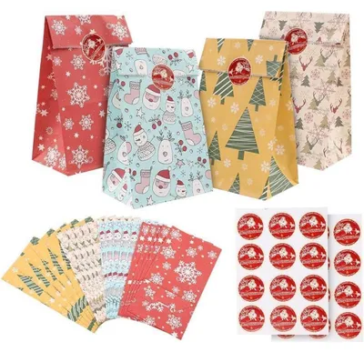 Produktbild von Geschenktüten Weihnachten 24 Stück Papiertüten mit Aufklebern für Süßigkeiten und kleine Geschenke 11,5 x 8 x 21 cm