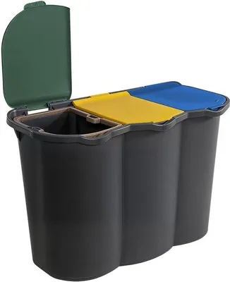 Produktbild von Famanu Abfallbehälter 80 l – 3 Fächer mit bunten Deckeln für Papier, Kunststoff und Glas