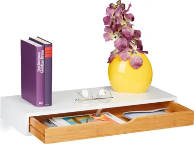 Produktbild von Relaxdays Wandregal mit Schublade, HxBxT: 8 x 60 x 24 cm, Wandschublade skandinavisches Design, MDF, Bambus, weiß/natur