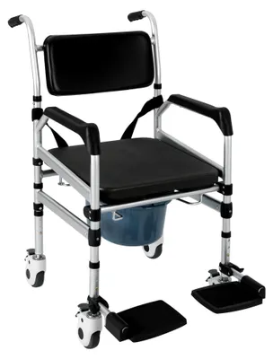 Produktbild von Faltbarer Toilettenstuhl für Senioren mit Rollen, tragbarer Duschstuhl höhenverstellbar mit Armlehne, Rückenlehne und Toiletteneimer, bis 160kg