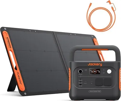 Produktbild von Jackery E1000 v2 Tragbare Powerstation mit 100W Solarpanel mit 5M DC Solarpanel Verlängerungskabel, 1070Wh LiFePO4 Solargenerator,1 Std. Schnellladung