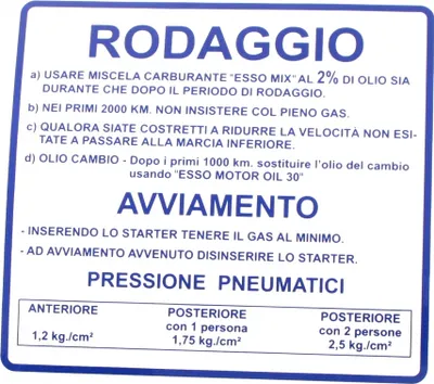 Produktbild von RMS Aufkleber Rodaggio / Einfahrvorschrift blau kompatibel mit Vespa Rally 180 - 200