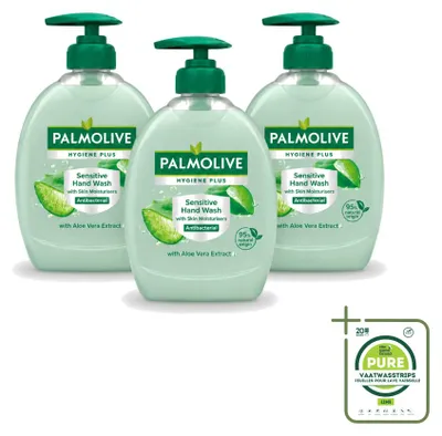 Imagen del producto de 3 unidades de jabón líquido para manos Palmolive Hygiene Plus Sensitive, con aloe vera, de 300 ml cada uno. Pack grande