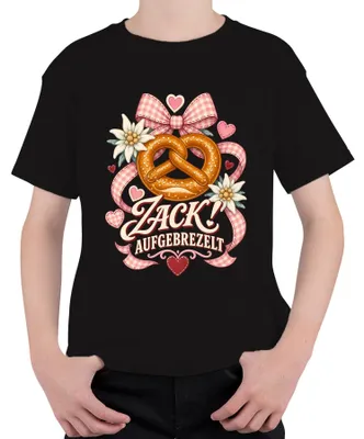Zdjęcie produktu dla Zack! Koszulka dla dzieci, czarna, z motywem brezelka, edelweiss, , tradycyjnego stroju bawarskiego (lederhosen). Rozmiar: 128