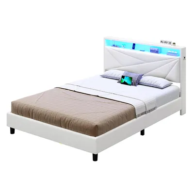 Produktbild von KIMENICH Bett 140 X 200cm mit LED Beleuchtung, Polsterbett mit Steckdosen, Kopfteil mit Stauraum, Bettgestell mit Lattenrost, Schlafzimmer, Polyurethanweiß