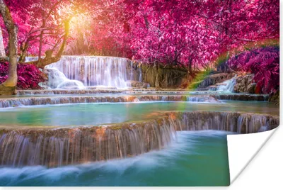 Produktbild von MuchoWow® Poster Wasserfall - Regenbogen - Bäume - Rosa - Natur 120x80 cm - Bilder