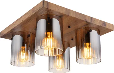 Produktbild von Globo Lighting Deckenleuchte MDF Holzoptik dunkel, Glas rauchfarben, klar verlaufend, Höhe kürzbar, LxBxH: 410x410x180mm, exkl. 4x E27 40W 230V