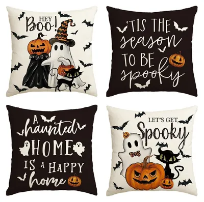 Zdjęcie produktu dla Poszewki na poduszki, motyw Halloween: nietoperz, duch, kot, 45x45 cm, zestaw 4 sztuk, kolor beżowy/czarny, 100% poliester