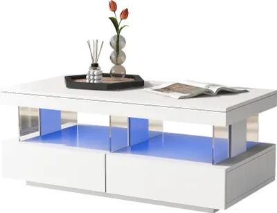 Table Basse Rectangulaire - Table Basse Avec 2 Tiroirs Et Plateau Brillant Plateau En Marbre Blanc Pour Salon